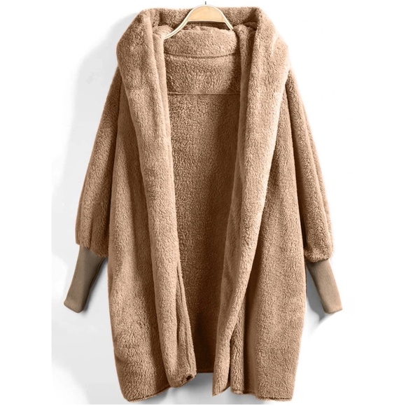 Jackets & Blazers - Cozy Tan Teddy Open Front Hoodie Jacket Coat